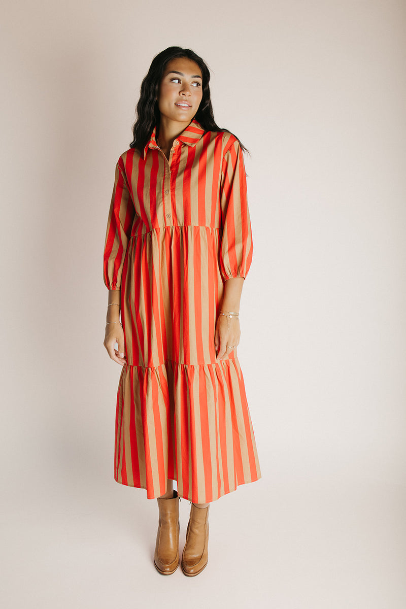 strapless open back dress The Barton Tiered Midi Dress in Red + Taupe Stripe – Piper & Scoot