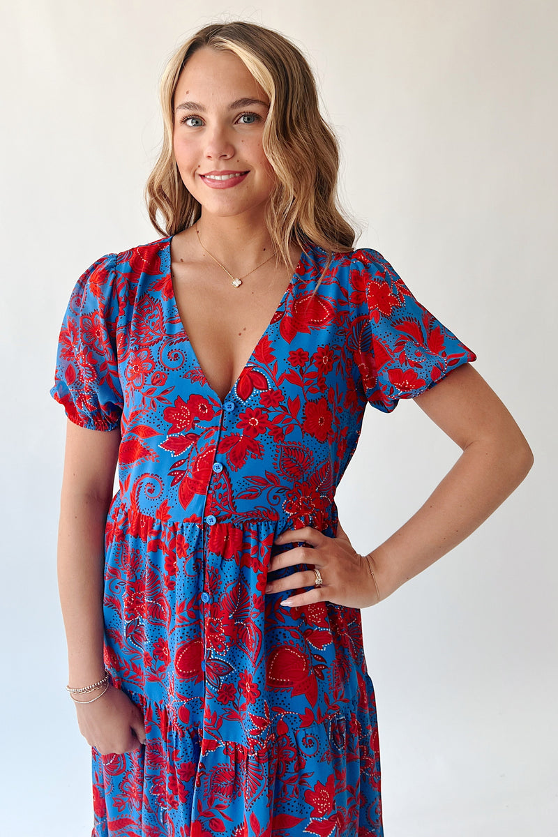 The Anaya Floral Maxi Dress in Cobalt + Red