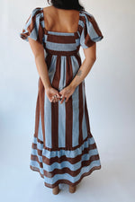 The David Square Neck Striped Dress in Brown + Blue