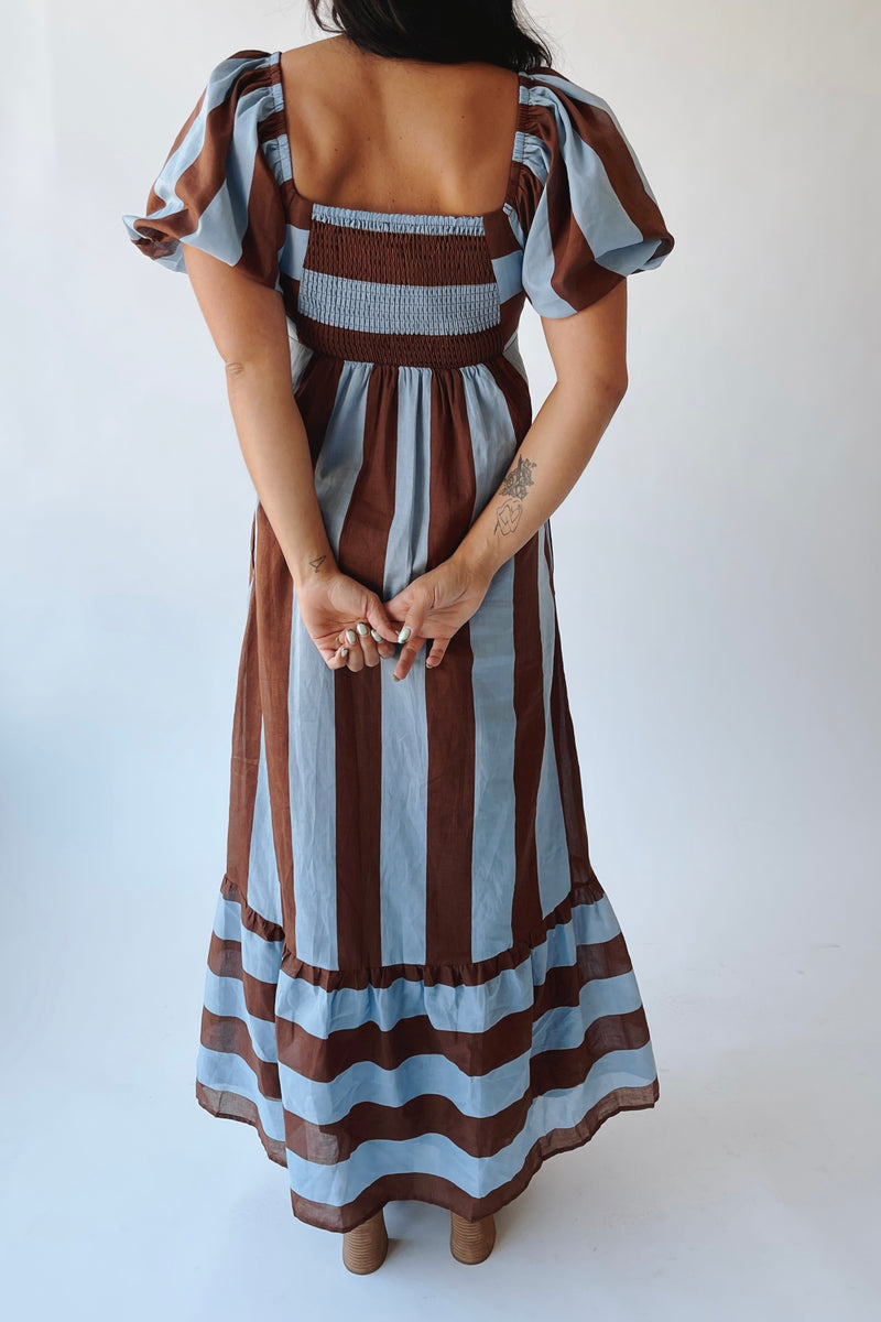 The David Square Neck Striped Dress in Brown + Blue