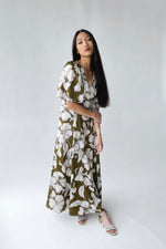 The Romano Piped Detail Floral Maxi Dress in Olive