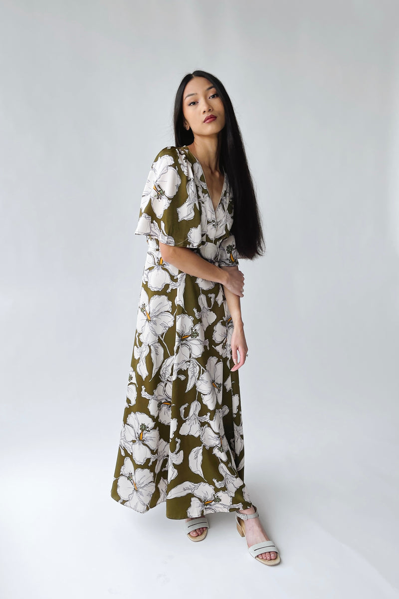 The Romano Piped Detail Floral Maxi Dress in Olive