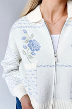 The Anita Rose Knit Jacket in Cream + Blue