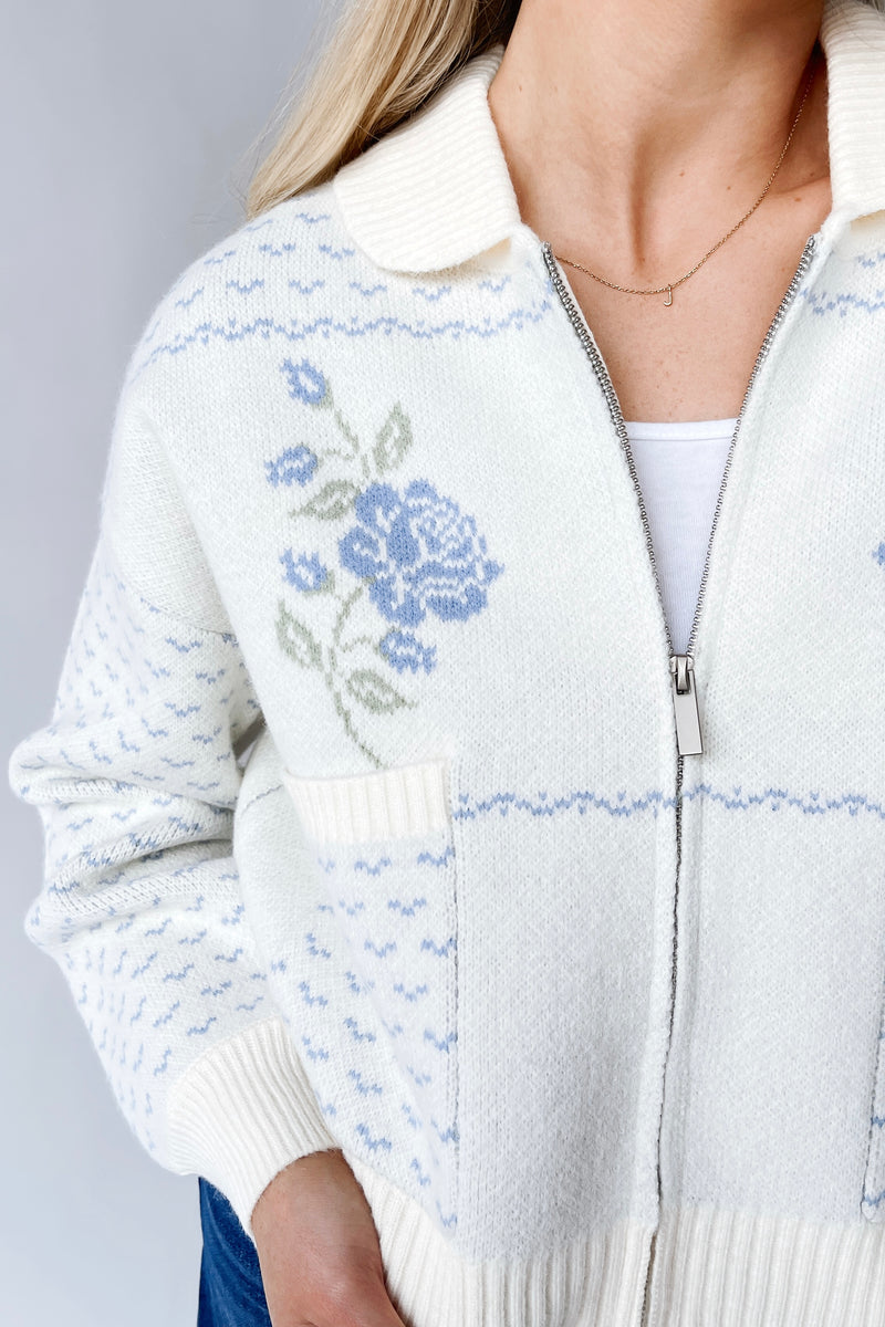 The Anita Rose Knit Jacket in Cream + Blue