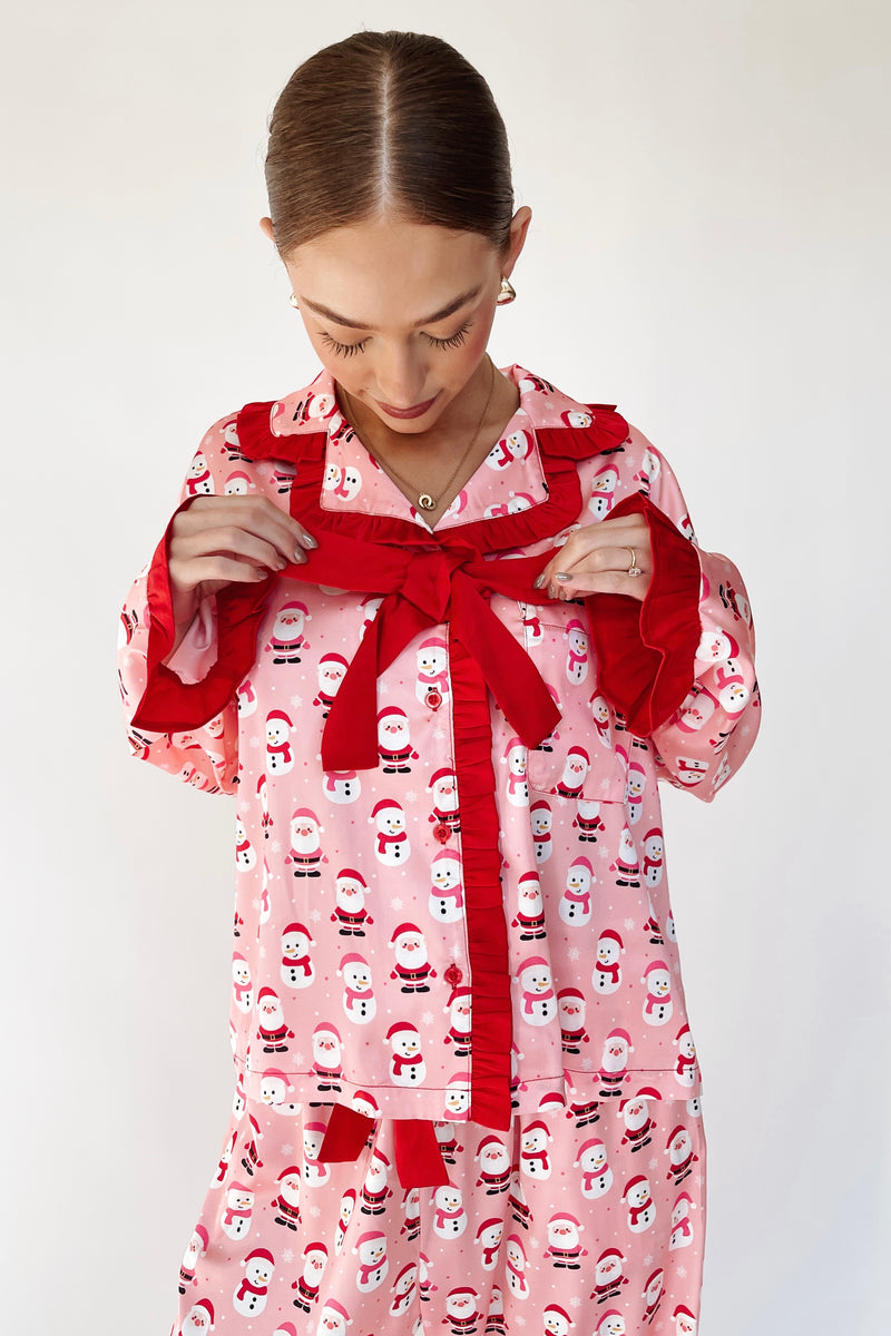 The Holly Jolly Ruffle Pajama Set in Pink + Red