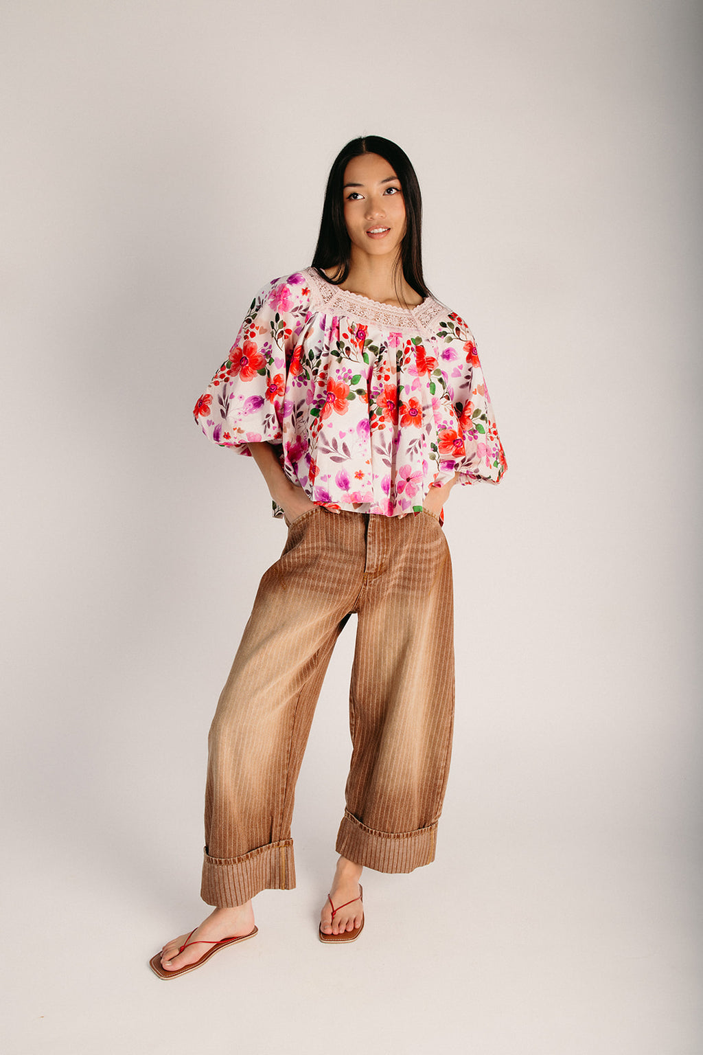 The Sonder Lace Trim Blouse in Red + Pink Floral – Piper & Scoot