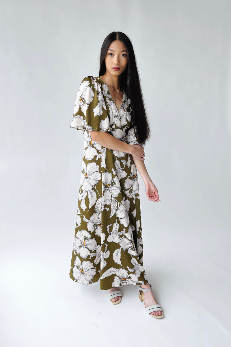 The Romano Piped Detail Floral Maxi Dress in Olive