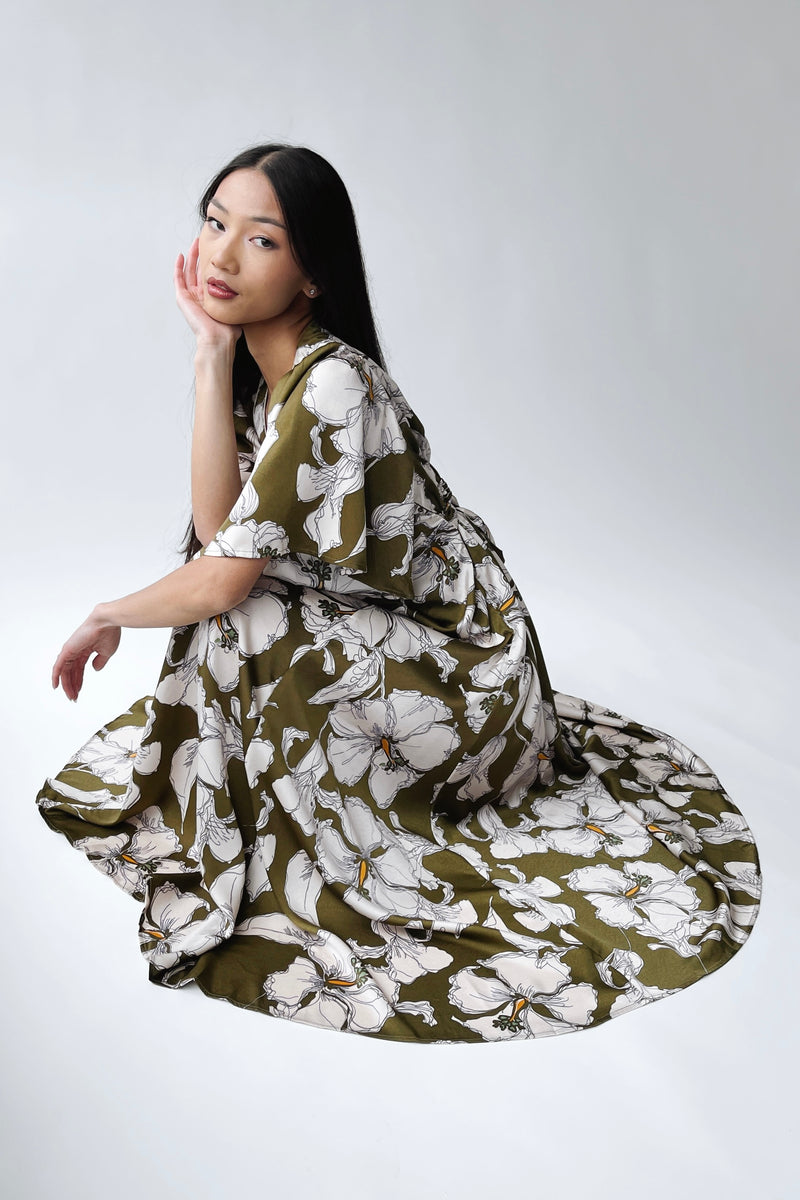 The Romano Piped Detail Floral Maxi Dress in Olive