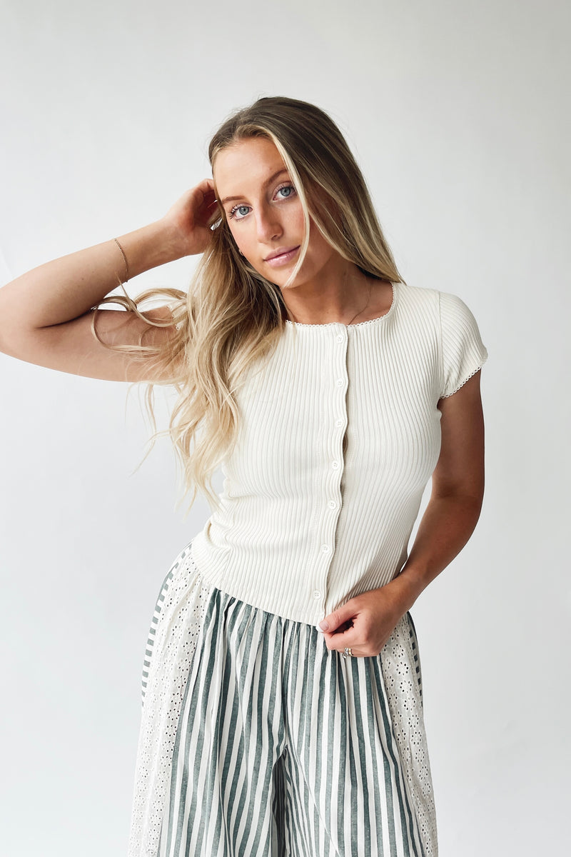 The Lyra Ribbed Button-Up Blouse in Ivory