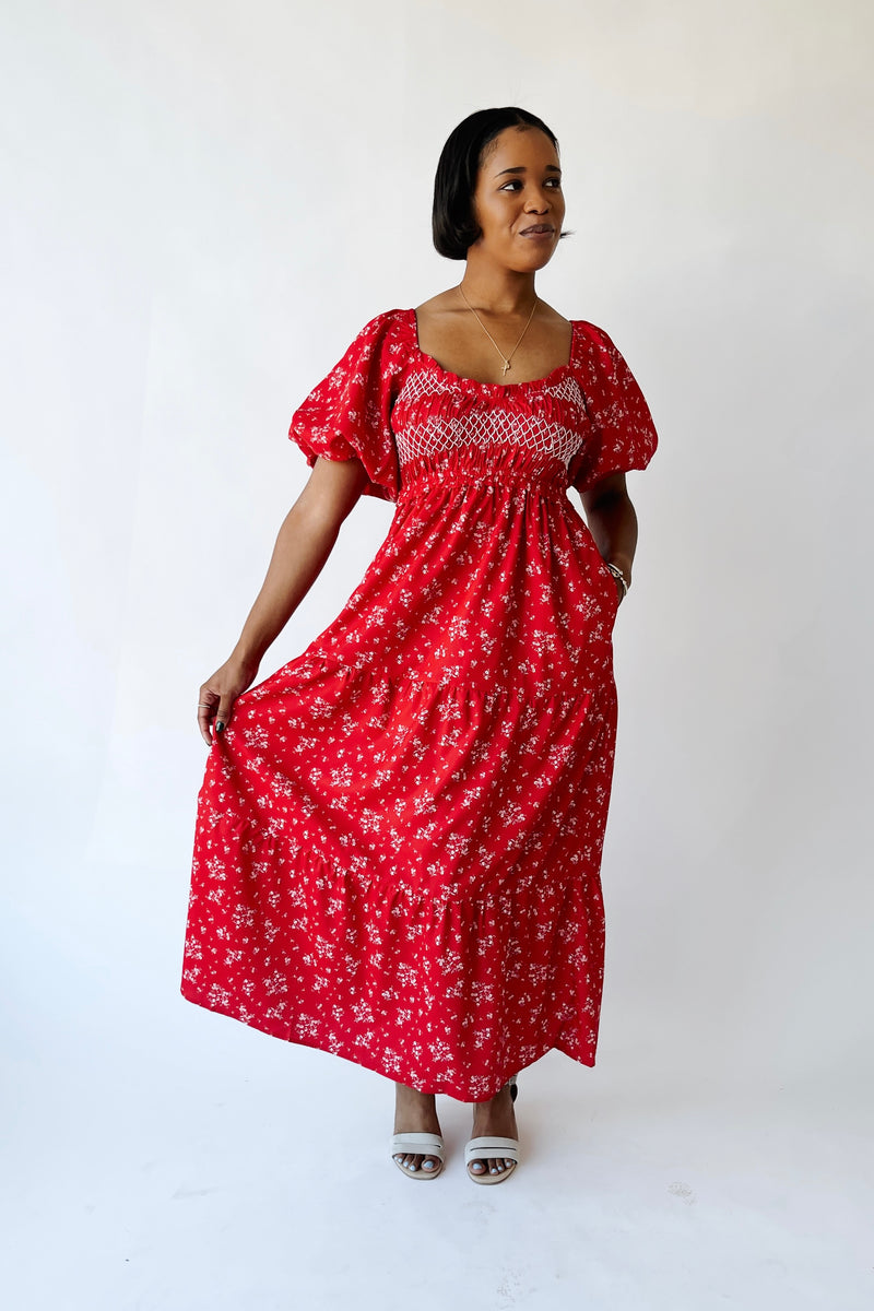 The Danika Bubble Sleeve Maxi Dress in Red Multi