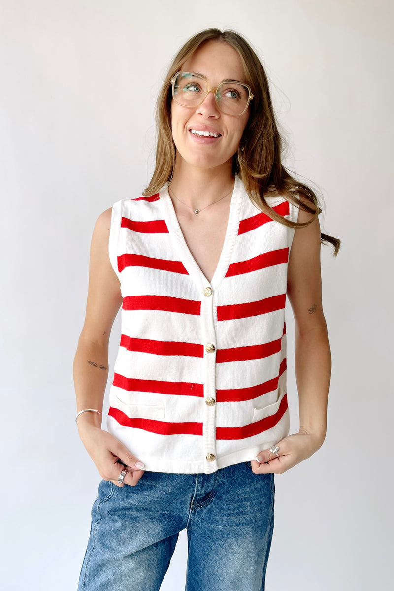 The Hanney Striped Knit Sweater Vest in Red + White
