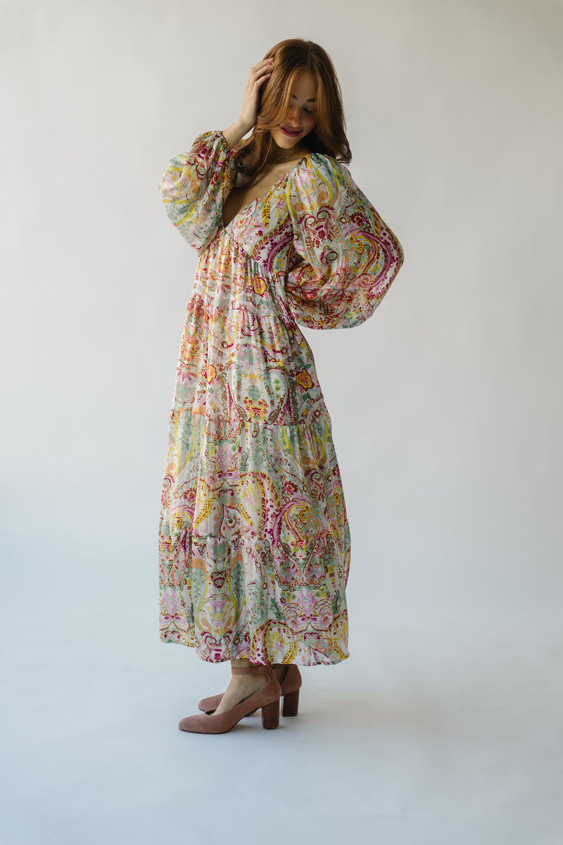 The Manville Paisley Tiered Maxi Dress in Lavender Multi