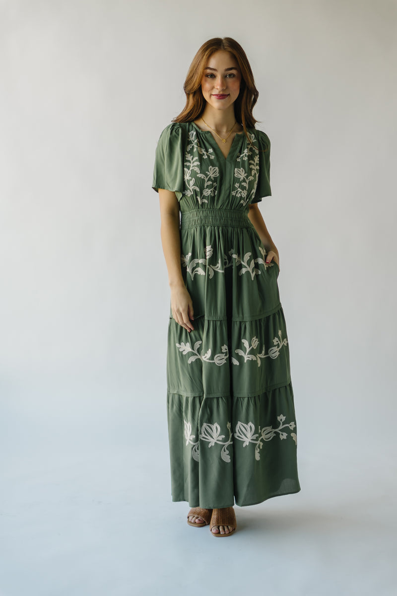 The Radford Embroidered Maxi Dress in Olive (PRE-ORDER: SHIPS IN 1-2 WEEKS)