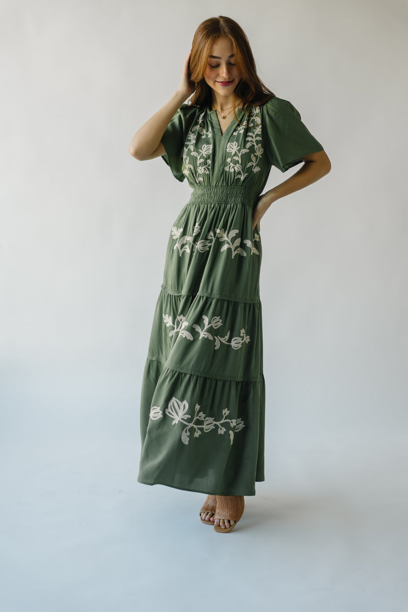 The Radford Embroidered Maxi Dress in Olive (PRE-ORDER: SHIPS IN 1-2 WEEKS)