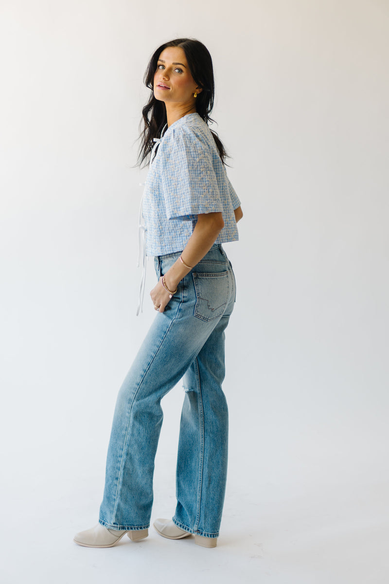 The Bria Tie Front Gingham Blouse in Blue