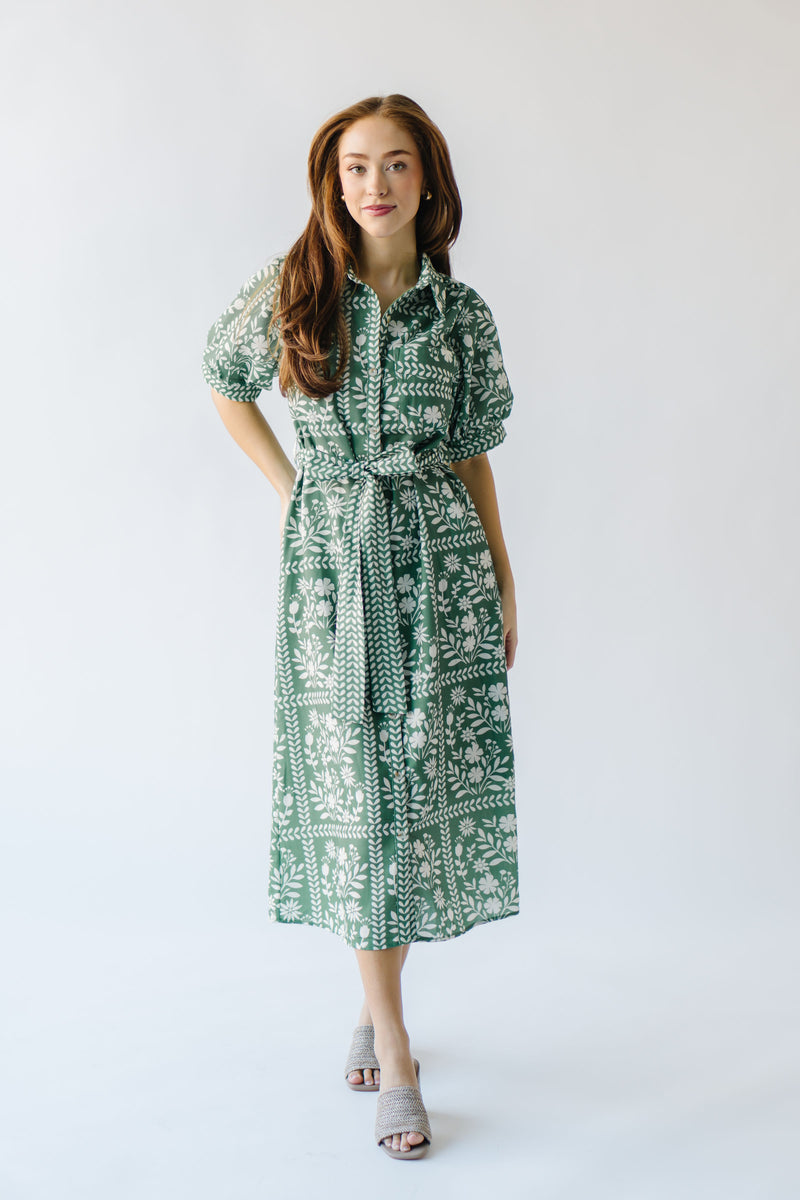 The Kempton Patterned Midi Dress in Dusty Green + Ivory