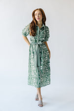 The Kempton Patterned Midi Dress in Dusty Green + Ivory