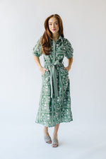 The Kempton Patterned Midi Dress in Dusty Green + Ivory