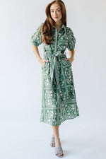 The Kempton Patterned Midi Dress in Dusty Green + Ivory