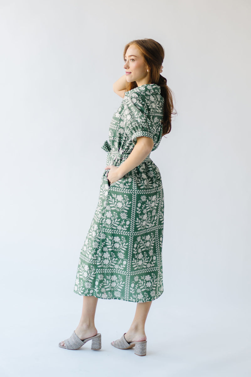 The Kempton Patterned Midi Dress in Dusty Green + Ivory