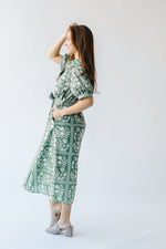 The Kempton Patterned Midi Dress in Dusty Green + Ivory