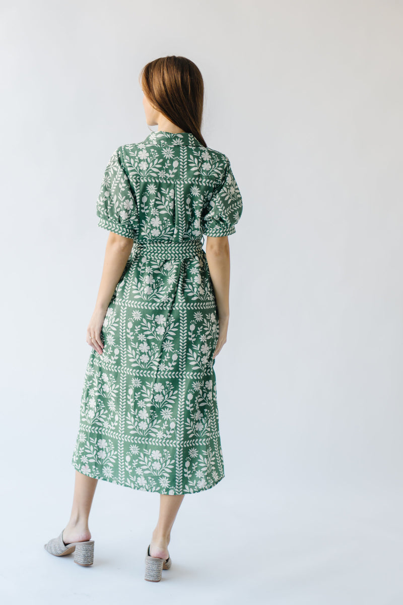 The Kempton Patterned Midi Dress in Dusty Green + Ivory