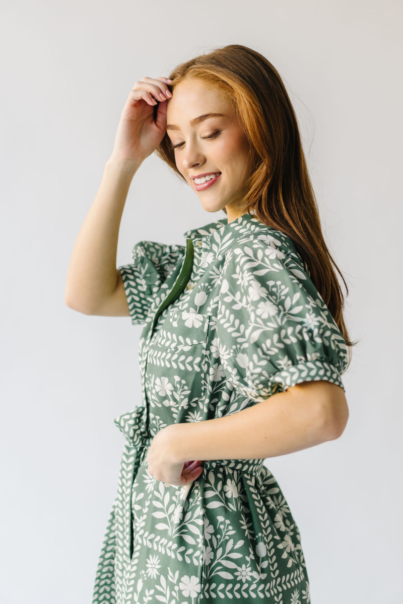 The Kempton Patterned Midi Dress in Dusty Green + Ivory