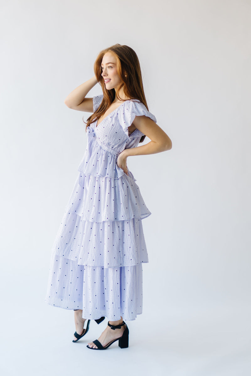 The Benson Tiered Dot Midi Dress in Lavender