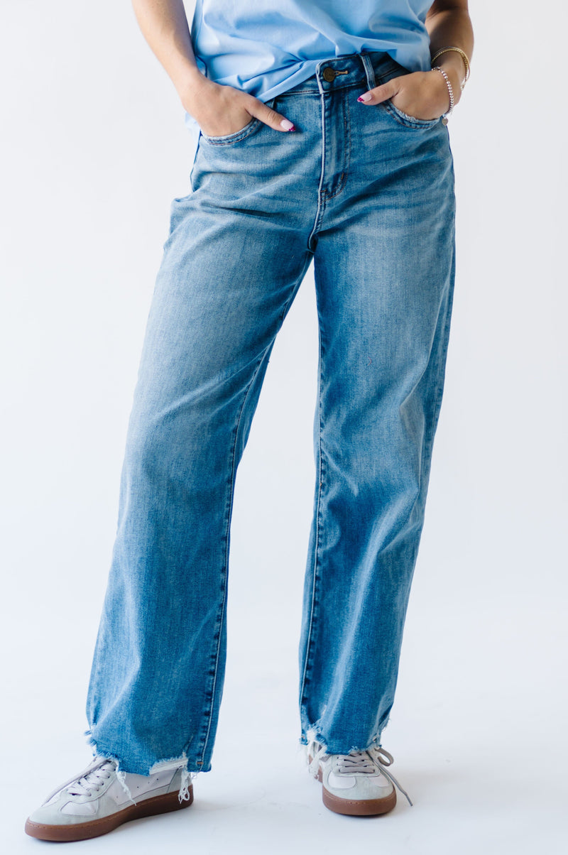 The Kayla High Rise Wide Leg Raw Hem Jean in Blue Jay