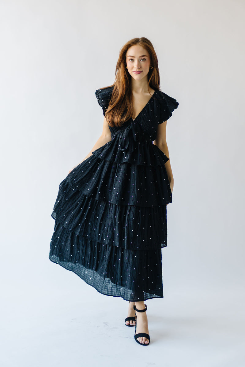 The Benson Tiered Dot Midi Dress in Black