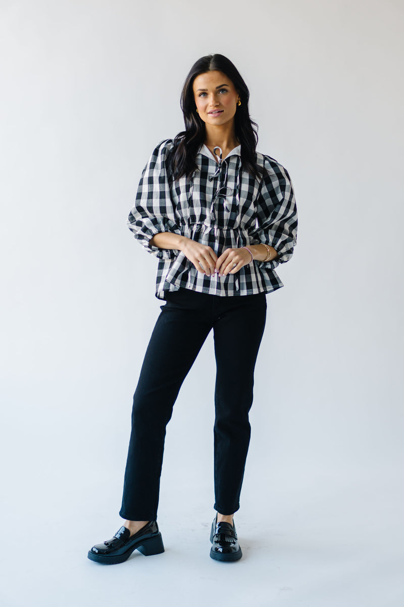 The Brenna Gingham Tie Blouse in Black