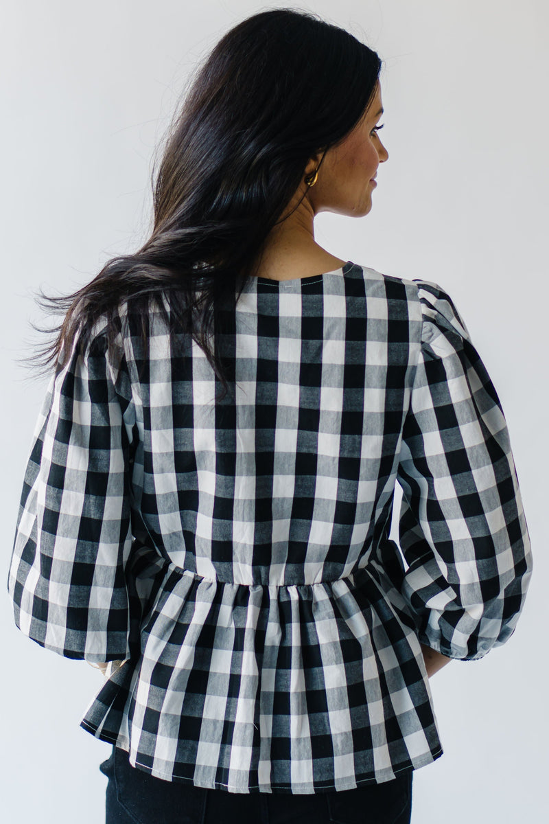 The Brenna Gingham Tie Blouse in Black