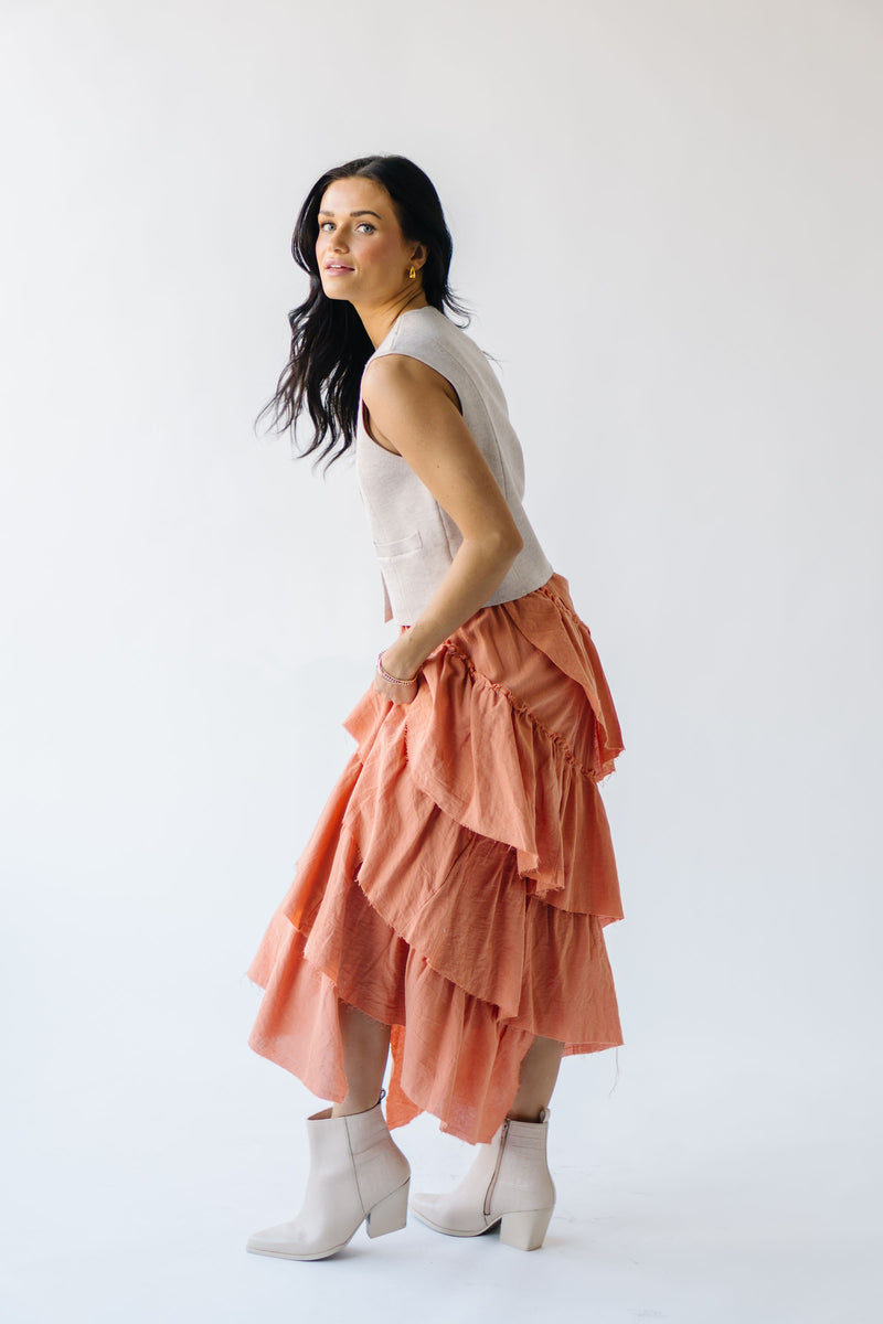 The Beckville Tiered Woven Maxi Skirt in Dusty Orange