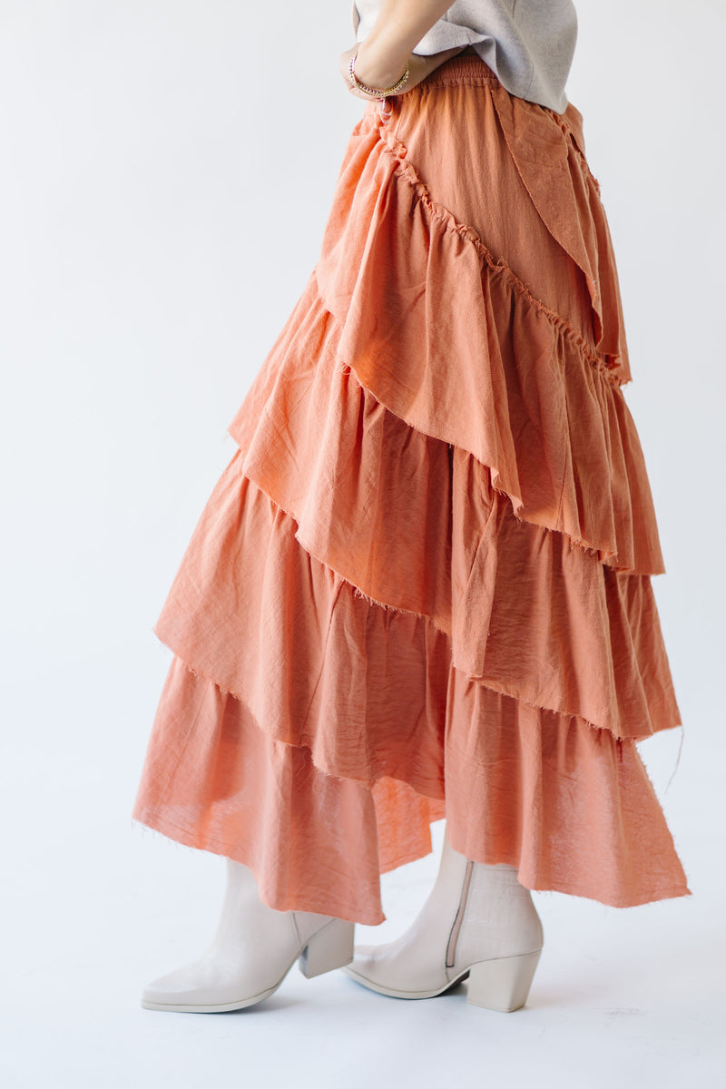 The Beckville Tiered Woven Maxi Skirt in Dusty Orange