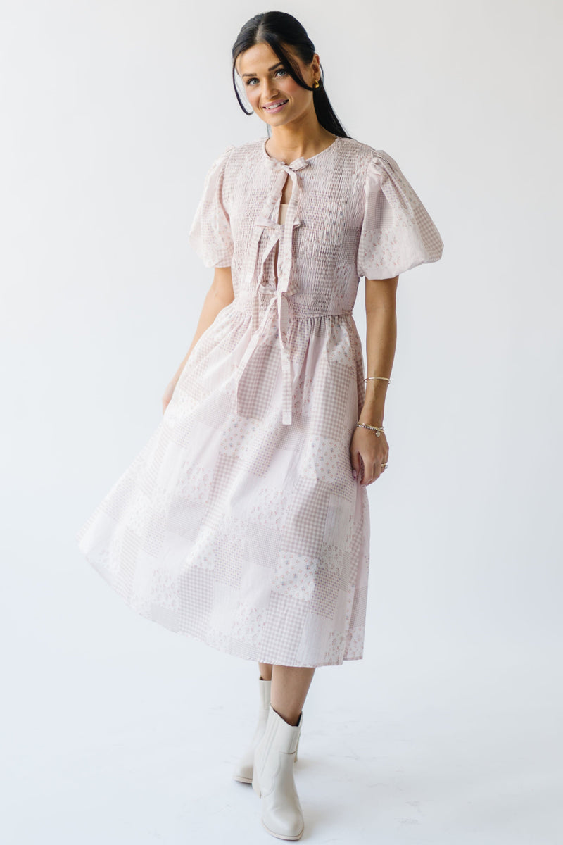 The Tanya Smocked Tie Detail Midi Dress in Patterned Pink