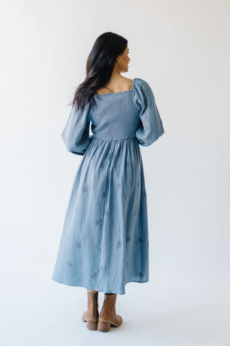 The Cassandra Contrast Embroidered Midi Dress in Blue