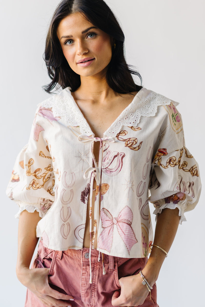 The Marcia Tie-Front Patterned Blouse in Cream + Blush