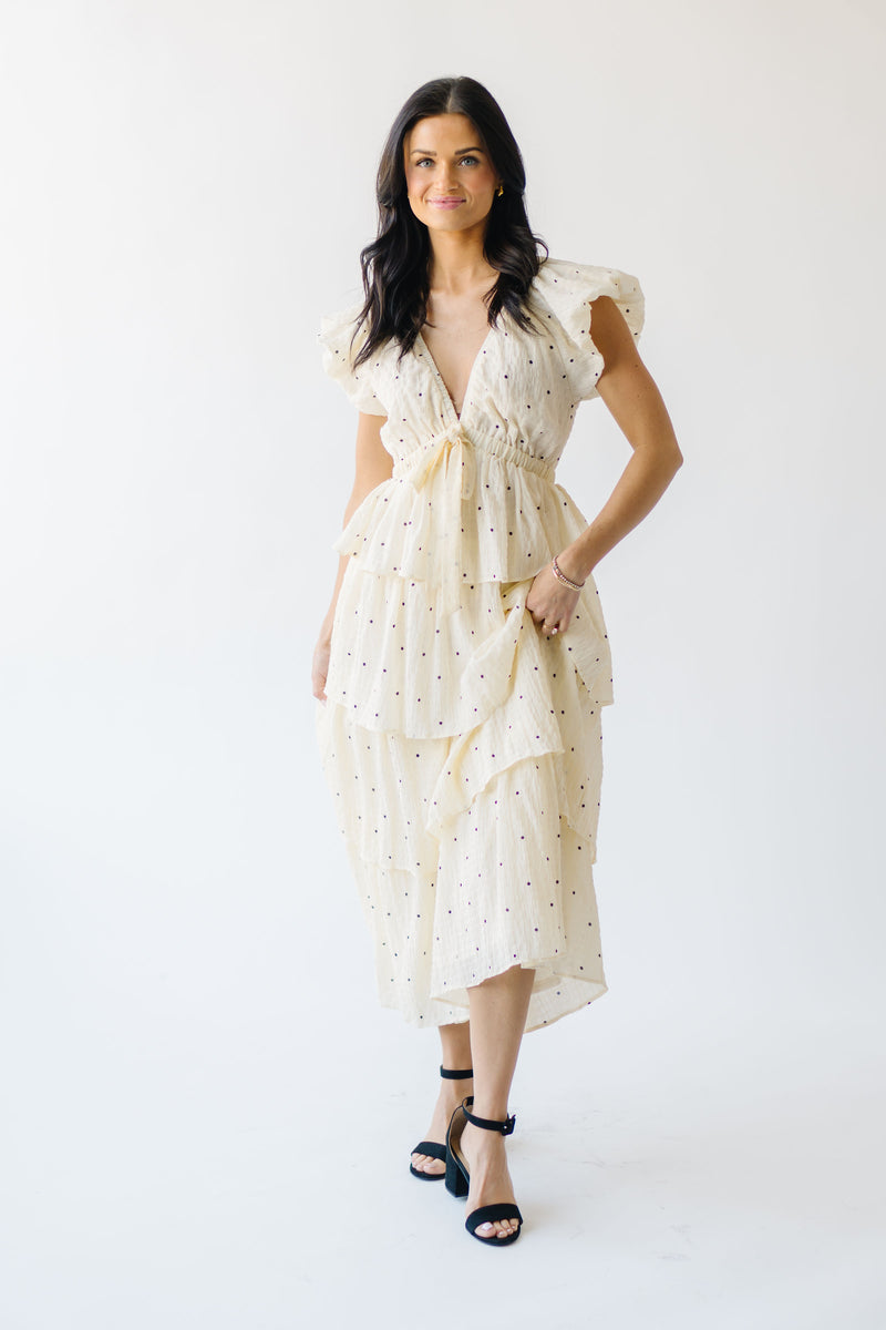 The Benson Tiered Dot Midi Dress in Ivory