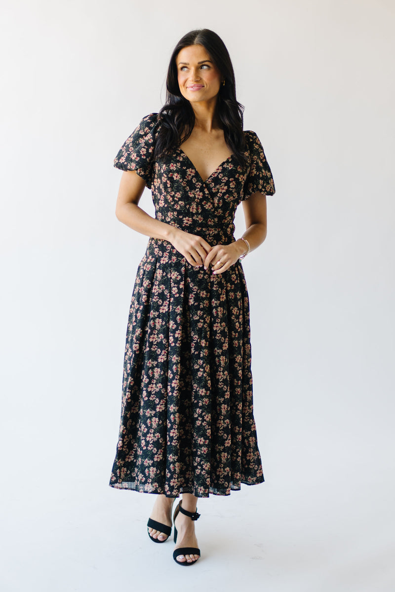 The Tracy V-Neck Floral Midi Dress in Black