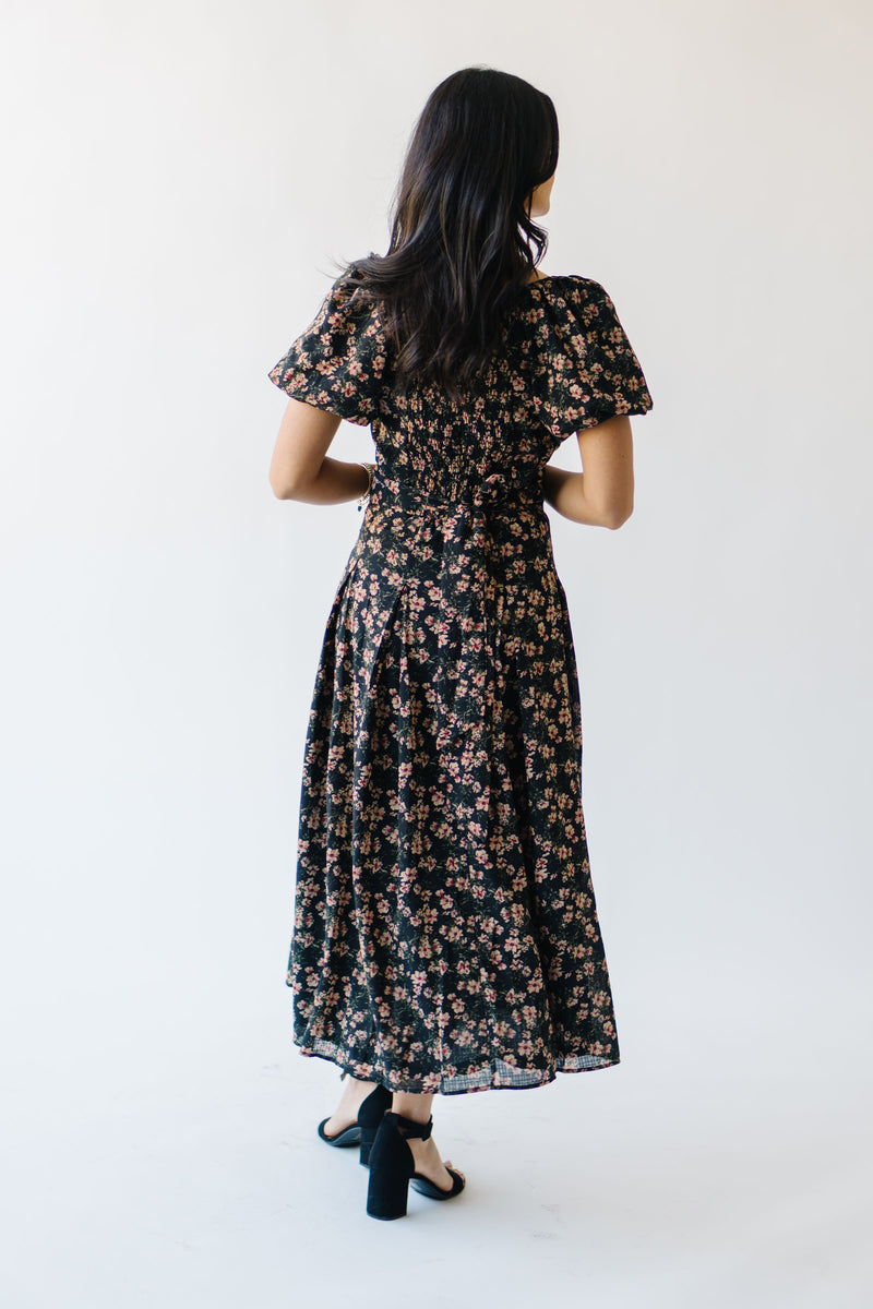 The Tracy V-Neck Floral Midi Dress in Black