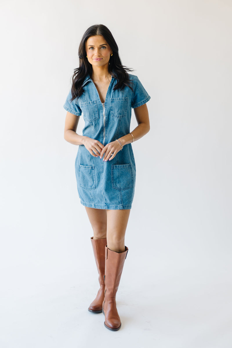 The Mckoy Zip Detail Dress in Washed Denim