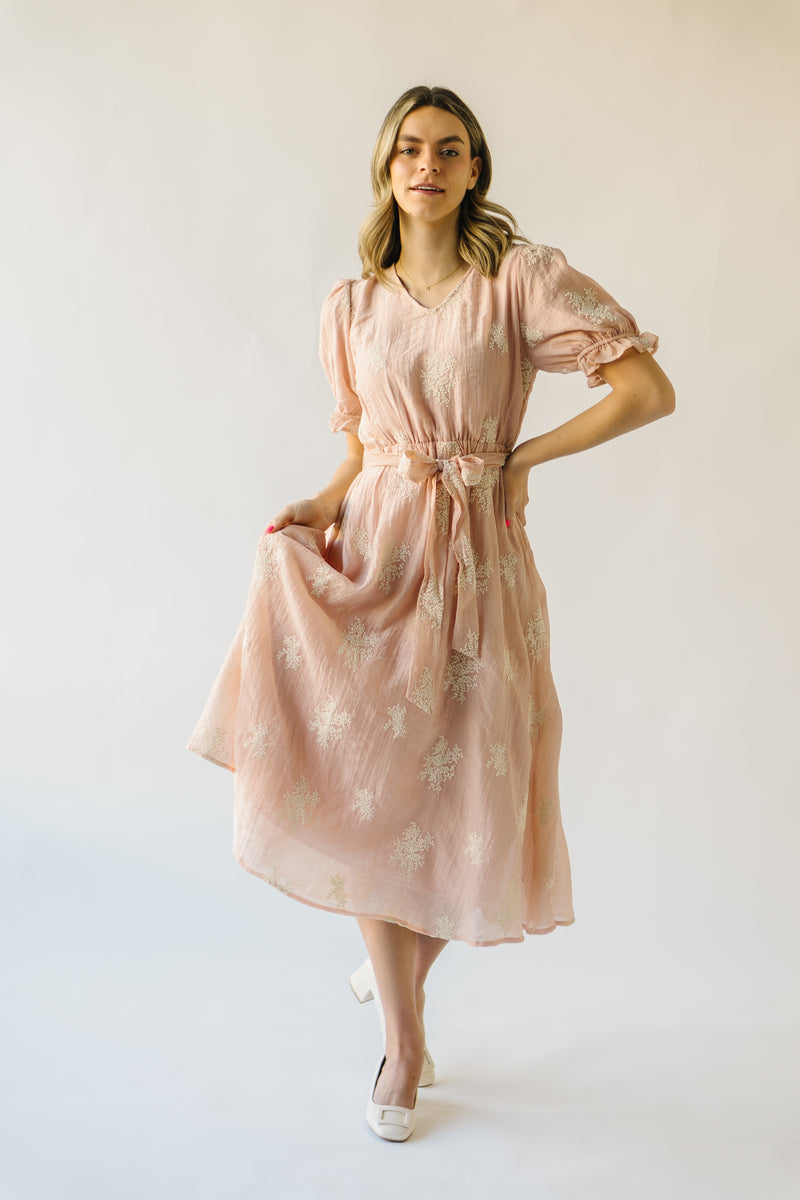 The Pickney V-Neck Embroidered Midi Dress in Blush