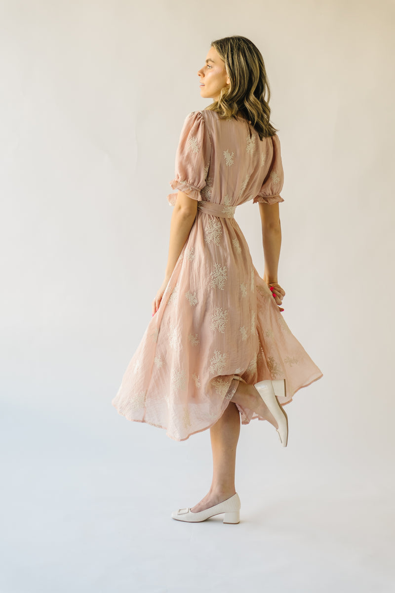 The Pickney V-Neck Embroidered Midi Dress in Blush
