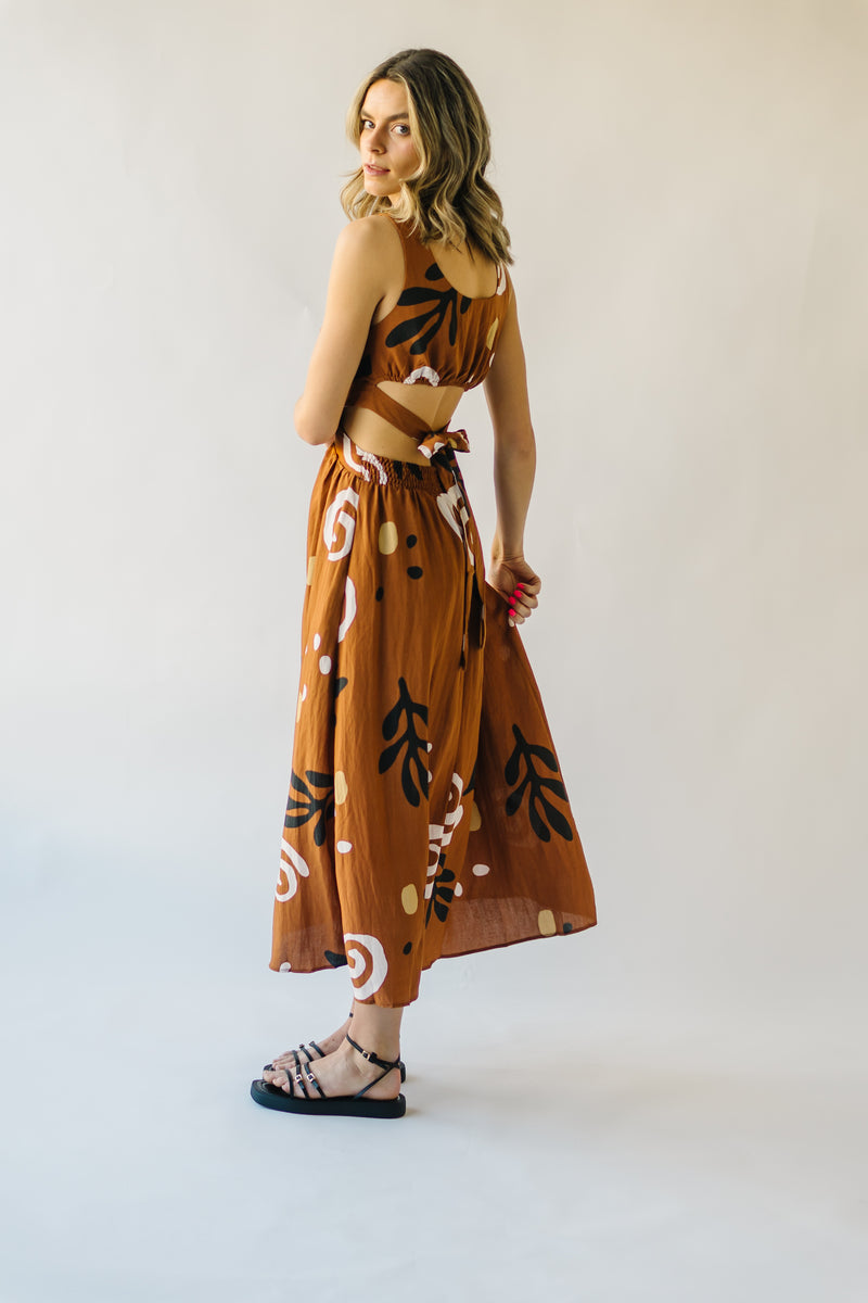 The Nunez Patterned Cutout Midi Dress in Camel