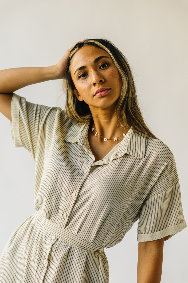 The Harburn Striped Button-Down Dress in Ivory + Black