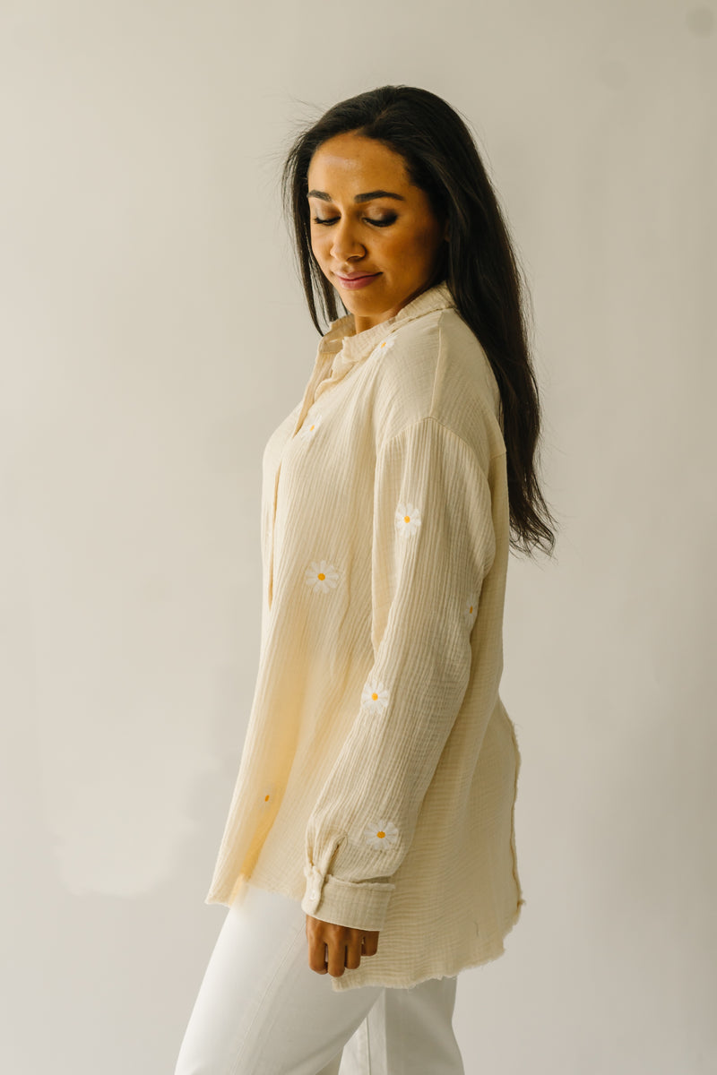 The Baytown Daisy Embroidered Blouse in Taupe