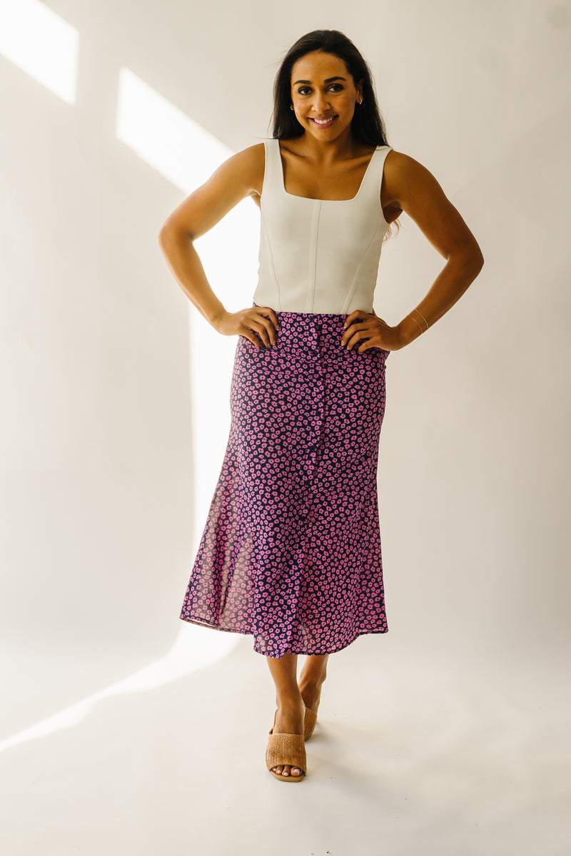 The Ellston Floral Button-Down Maxi Skirt in Navy + Pink