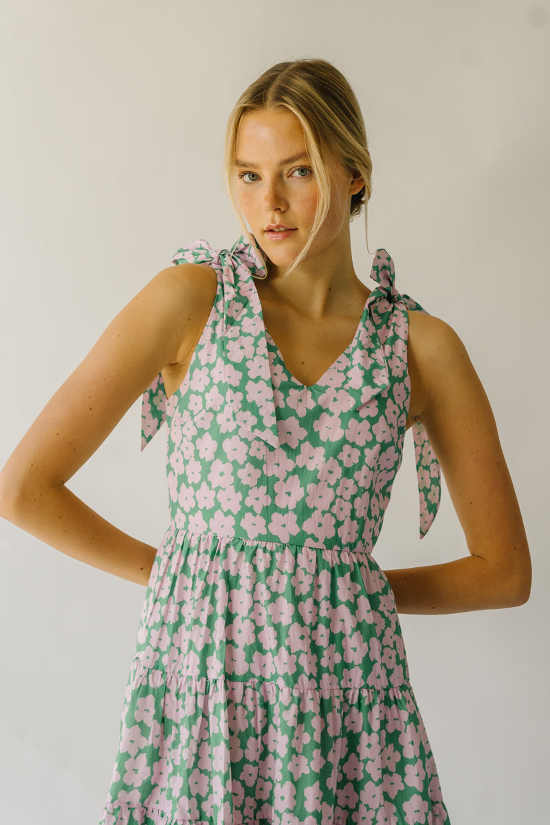 The Friona Tie Detail Dress in Green + Pink