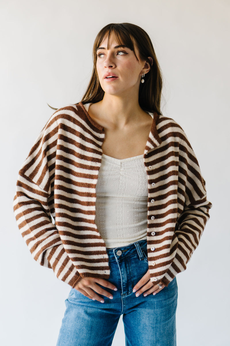 The Riggs Button-Down Sweater in Ivory + Brown Stripe