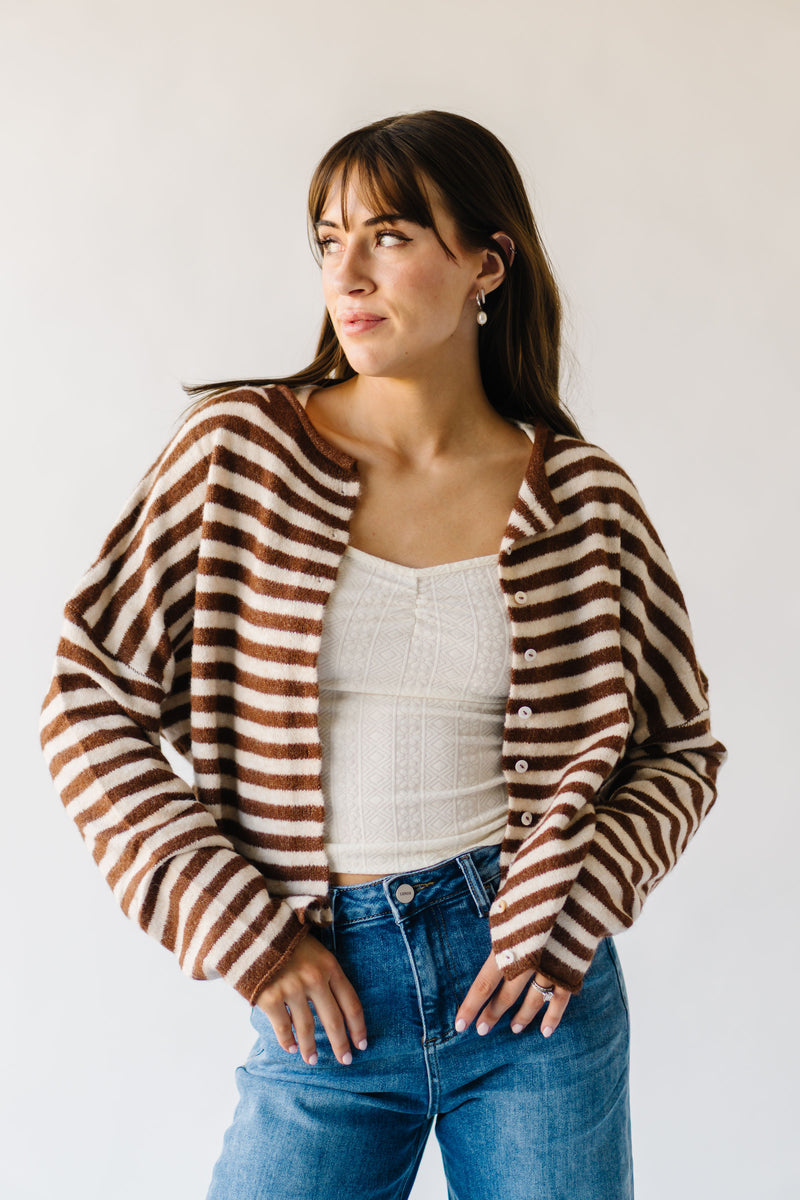 The Riggs Button-Down Sweater in Ivory + Brown Stripe